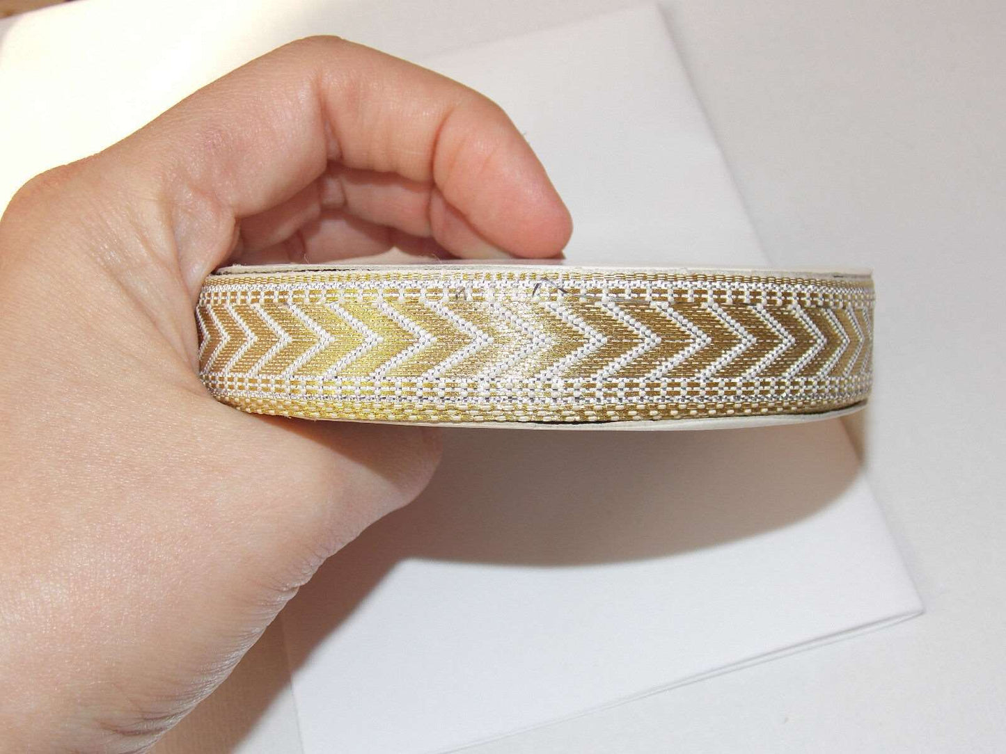 1m 15mm white gold jacquard embroidered ribbon