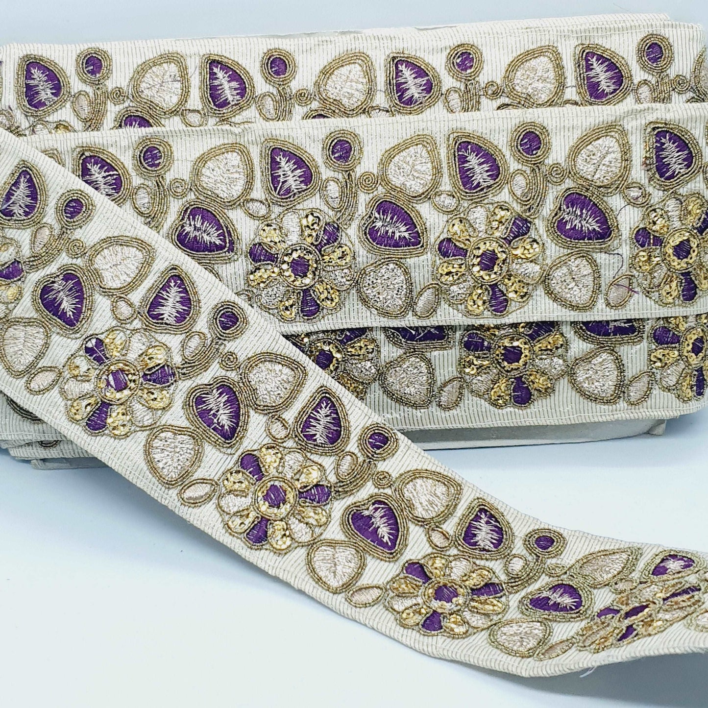 1m 7cm purple & gold embroidered ribbon border BRAID
