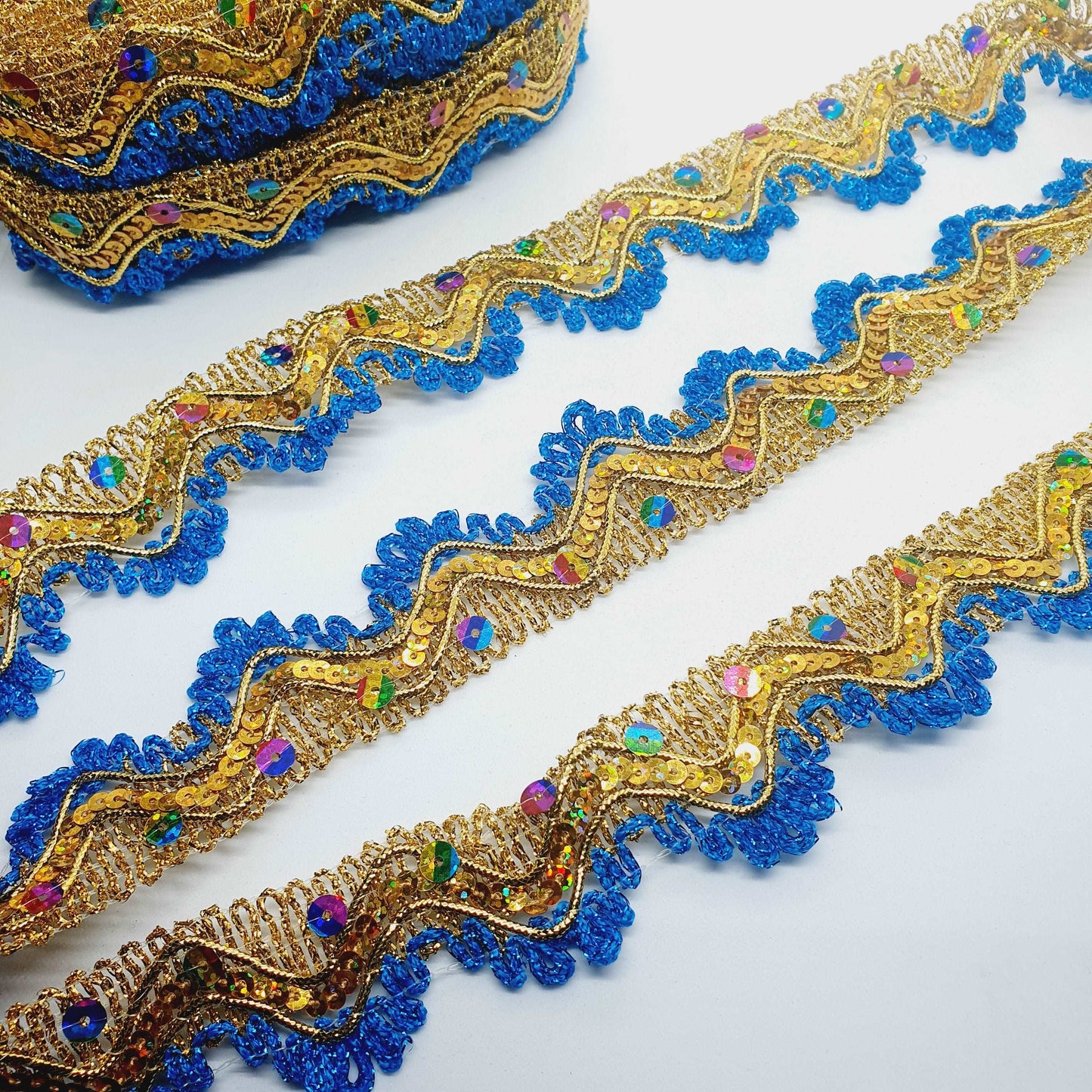 35mm metallic turquoise blue & gold rainbow hologram sequin looped edge braid trimming