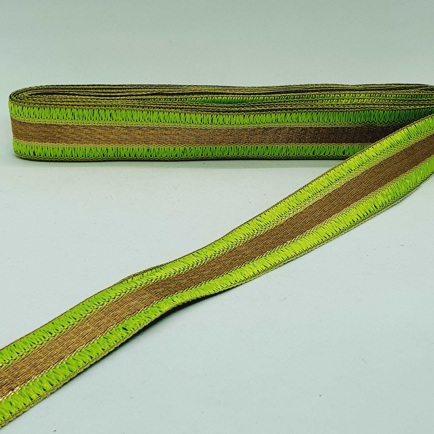 1m 27mm Neon Green gold jacquard embroidered ribbon