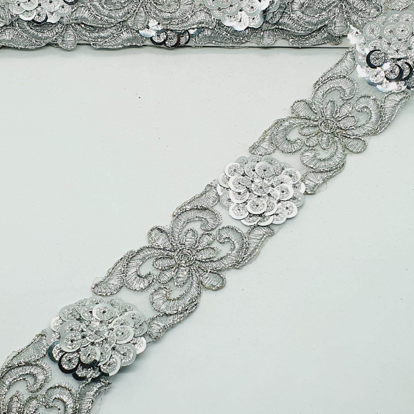 8m x 40mm silver glitter sequin net ribbon trim lace applique