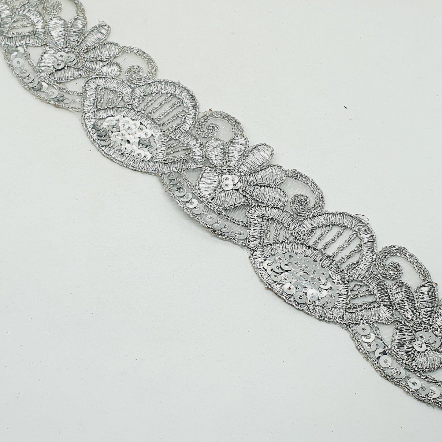 8m x 50mm silver glitter sequin net ribbon trim lace applique