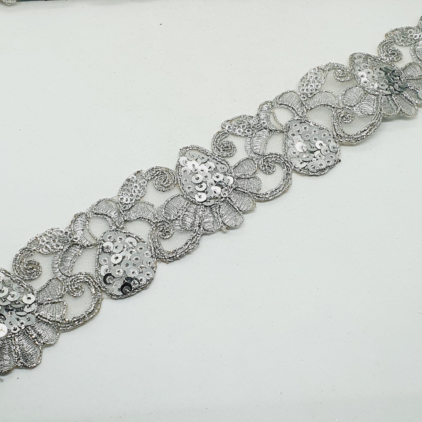 8m x 45mm silver glitter sequin net ribbon trim lace applique