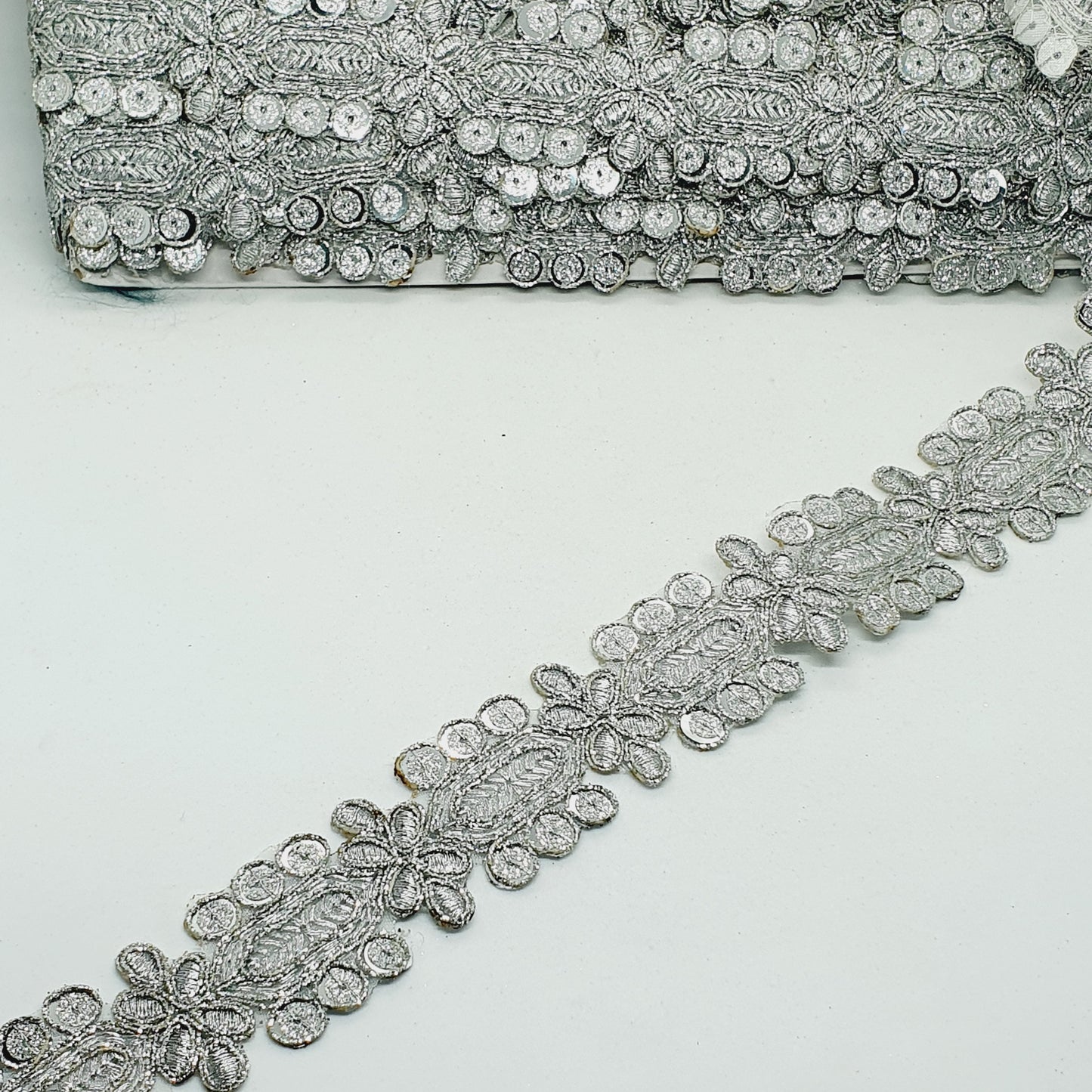 8m x 35mm silver glitter sequin net ribbon trim lace applique