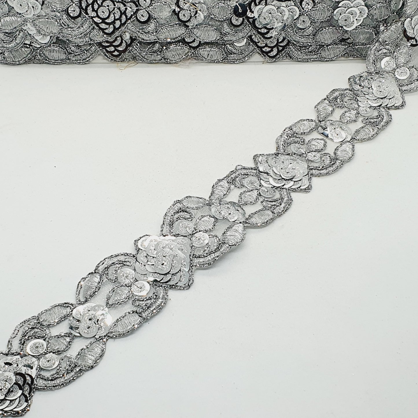 8m x 40mm silver glitter sequin net ribbon trim lace applique