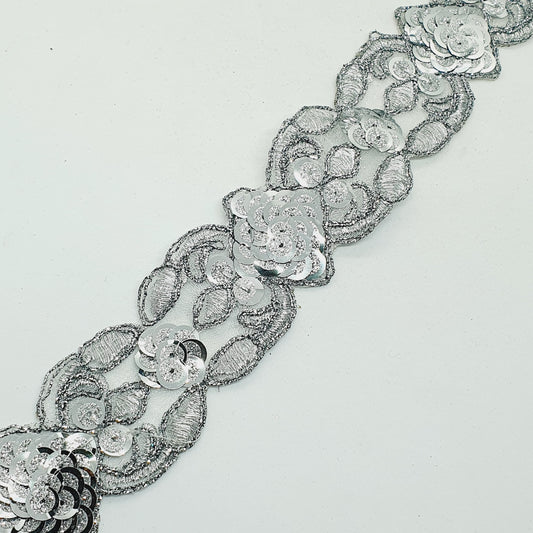8m x 40mm silver glitter sequin net ribbon trim lace applique