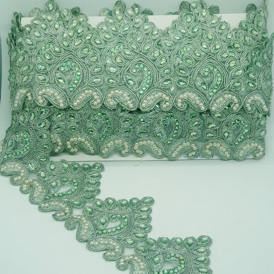 1m 8cm Metallic mint peridot green lace applique with crystals & pearls