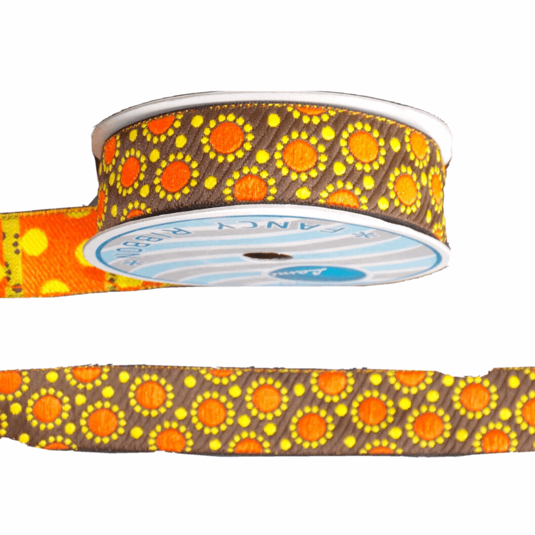 1m 30mm brown, orange, yellow DOTTY jacquard embroidered ribbon