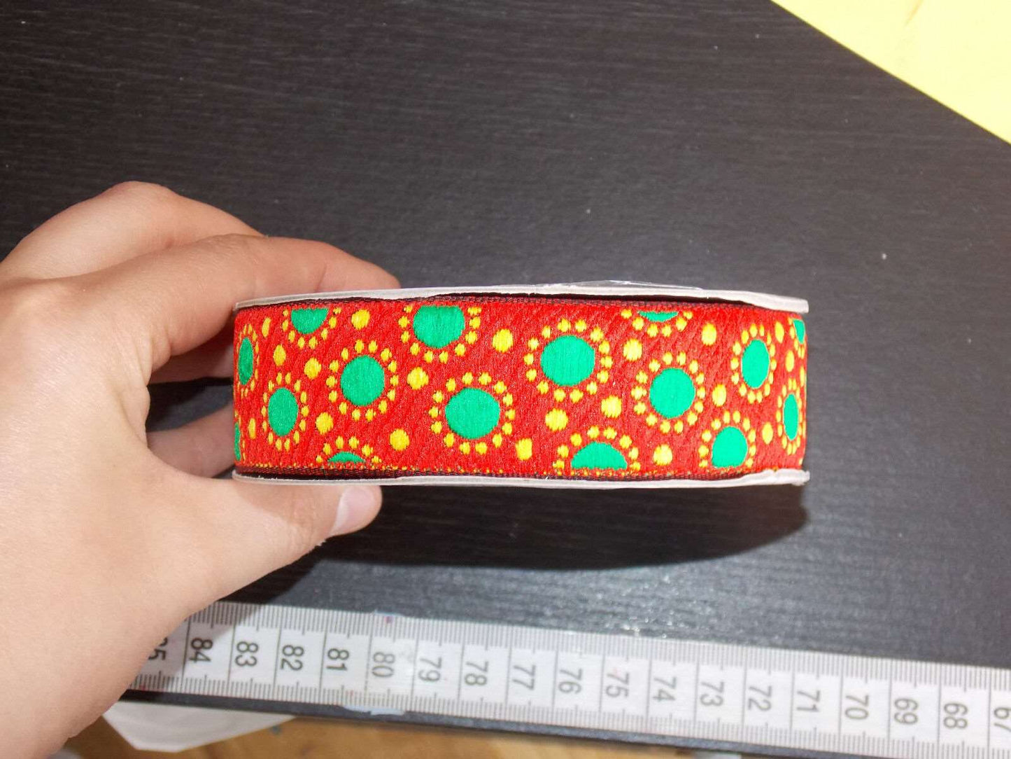 1m 30mm red, green yellow DOTTY jacquard embroidered ribbon