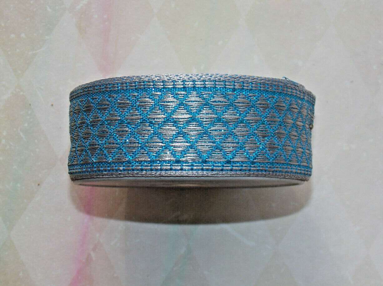 1m 30mm silver & turquoise blue jacquard embroidered ribbon