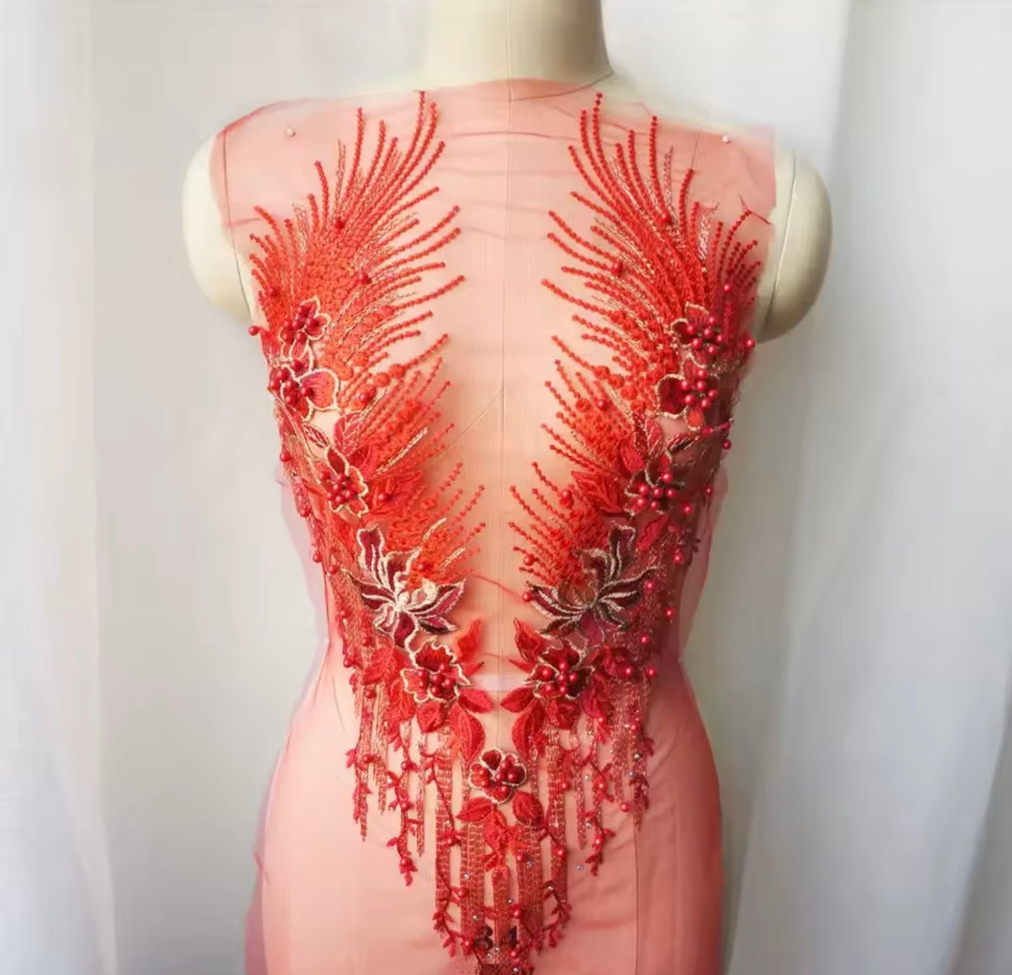 1pc red embroidered net applique patch/ collar/ neckline with beads and crystals