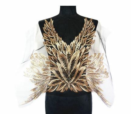 1x black gold feather embroidered lace applique patch/ collar/ neckline with sequins