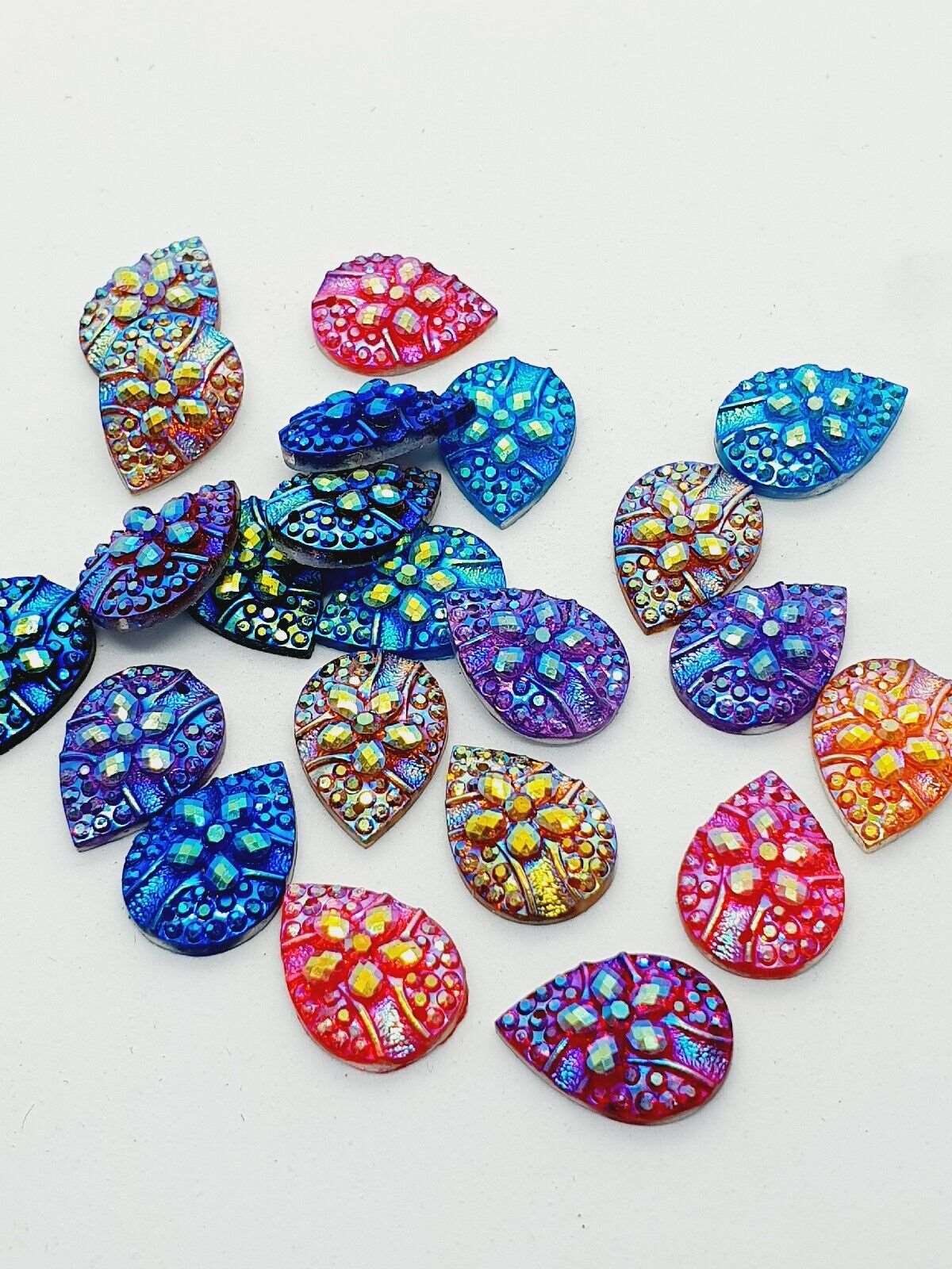 10x 18mm multi AB flower textured acrylic sew on rhinestone gem pear drop