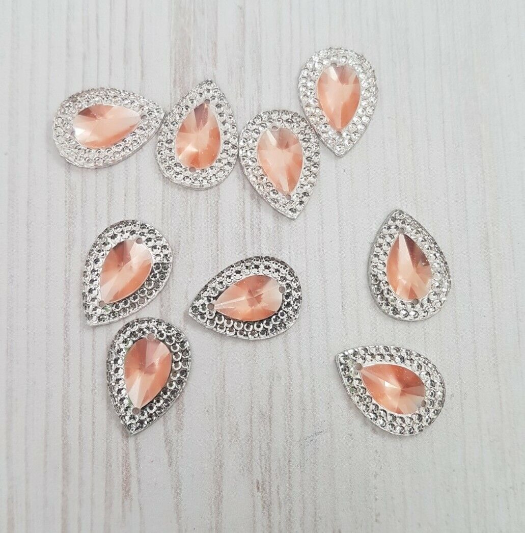 10x 18mm pink & clear textured acrylic sew on rhinestone gem pear drop