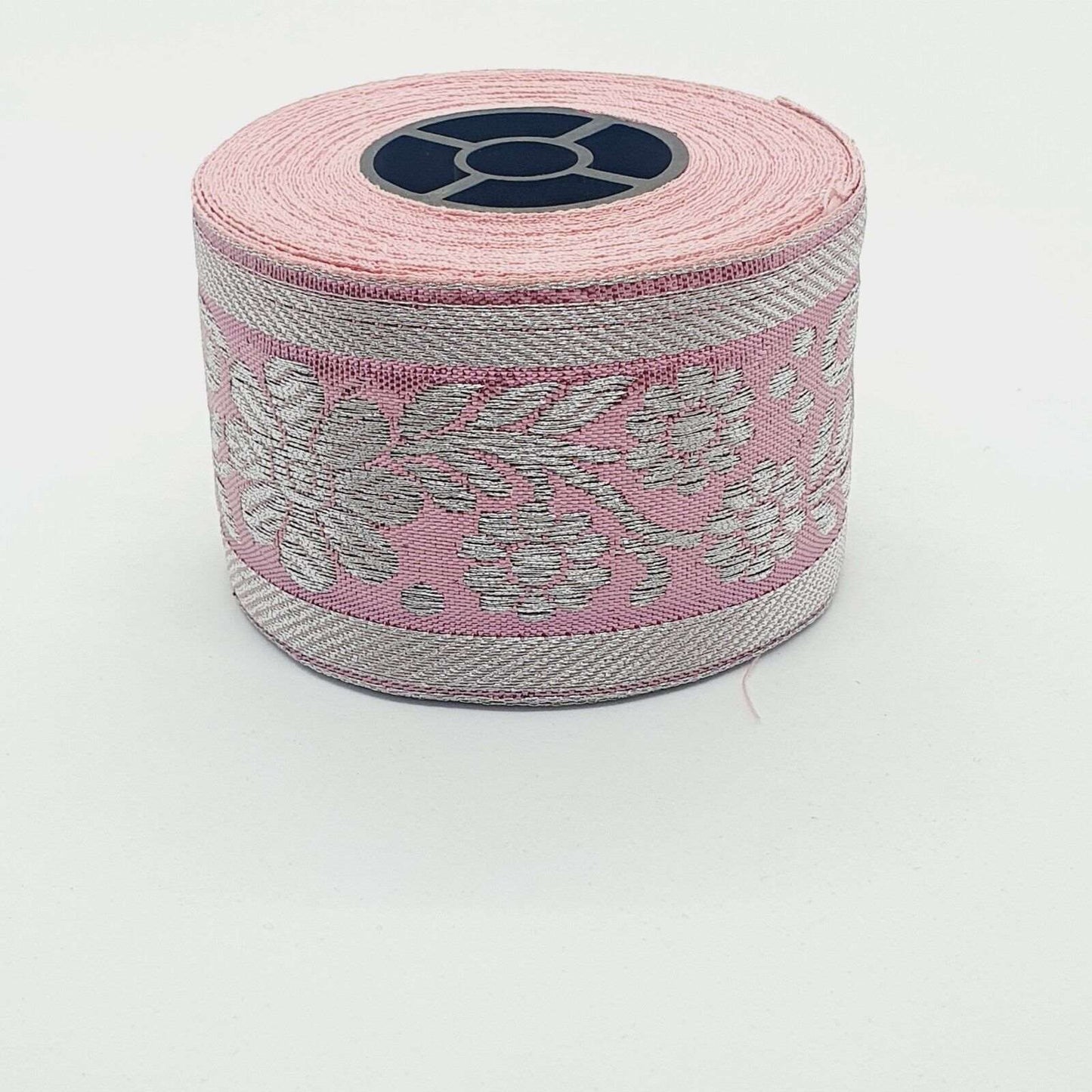 1m 50mm pink & silver paisley jacquard embroidered ribbon