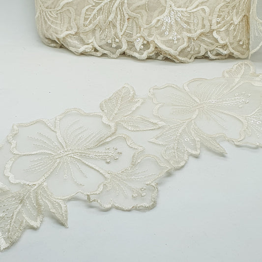 1m 14cm cream embroidered net floral lace with transparent sequins