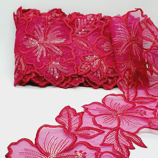 1m 14cm claret wine embroidered net floral lace with transparent sequins