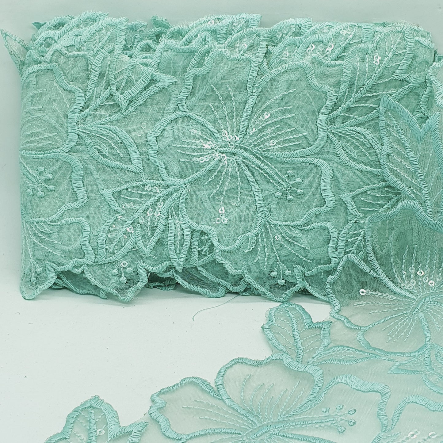 1m 14cm mint green embroidered net floral lace with transparent sequins