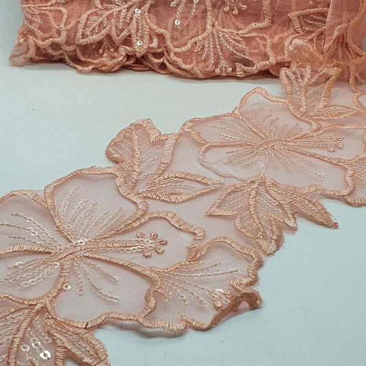 1m 14cm peach embroidered net floral lace with transparent sequins