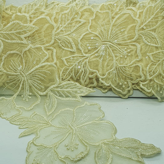 1m 14cm lemon yellow embroidered net floral lace with transparent sequins