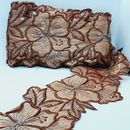 1m 14cm brown embroidered net floral lace with transparent sequins