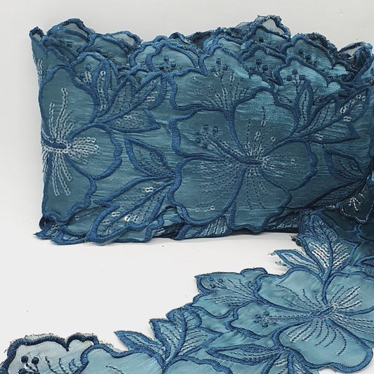 1m 14cm petrol teal embroidered net floral lace with transparent sequins