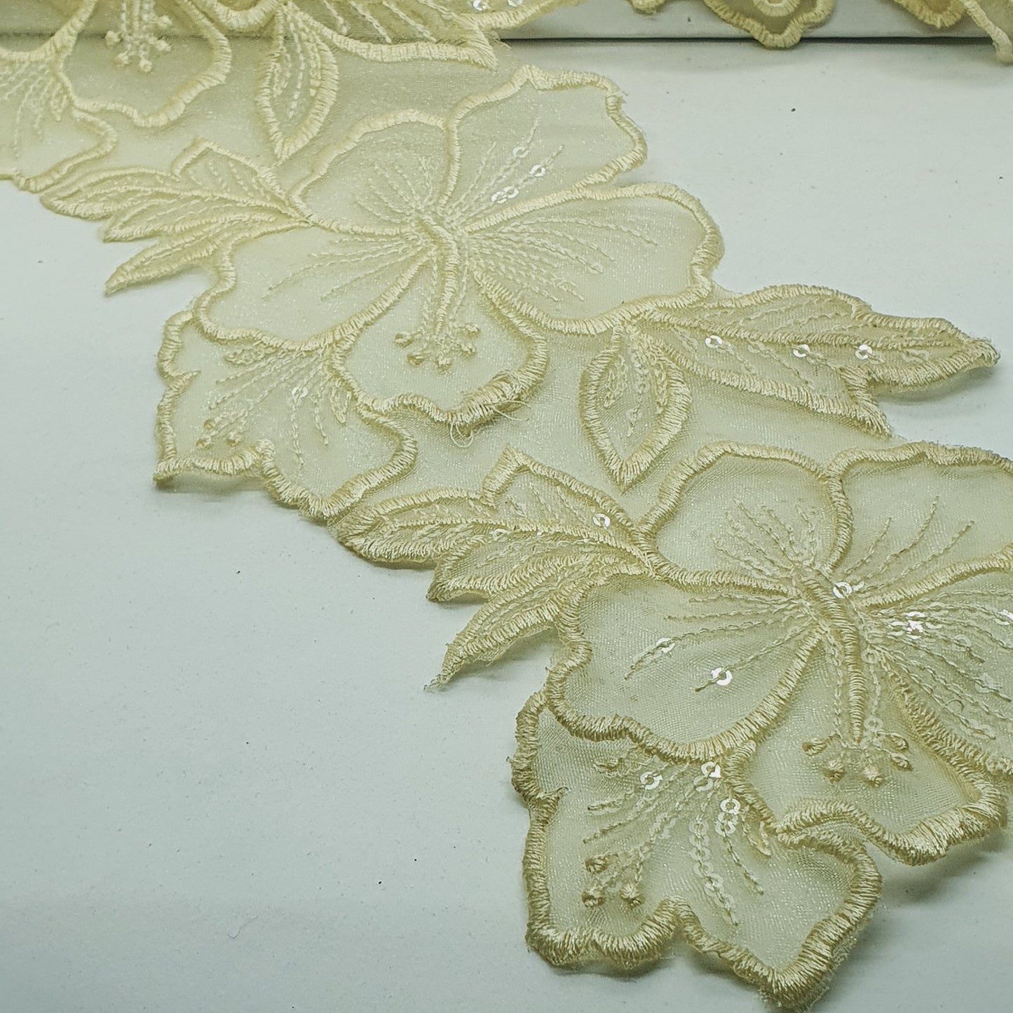 1m 14cm lemon yellow embroidered net floral lace with transparent sequins