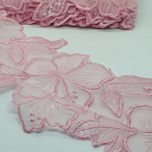 1m 14cm dusty pink embroidered net floral lace with transparent sequins
