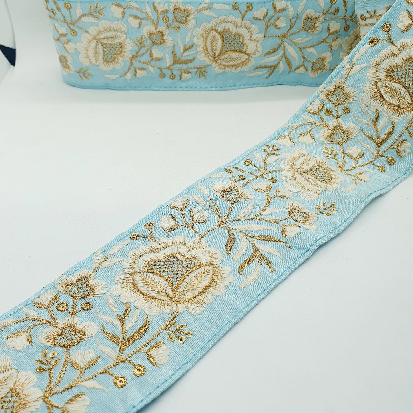 1m 7.5cm sky blue, cream, deep gold flower indian embroidered saree border ribbon