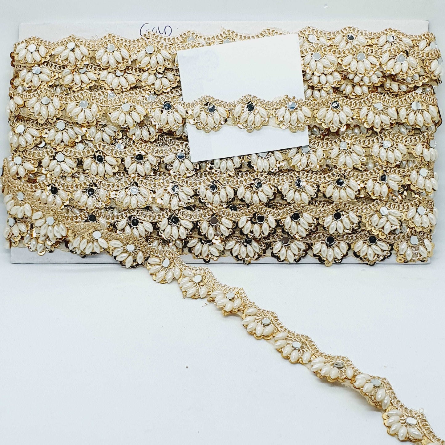 1m 2.5cm Metallic gold lace applique mirror, crystal, pearl trimming