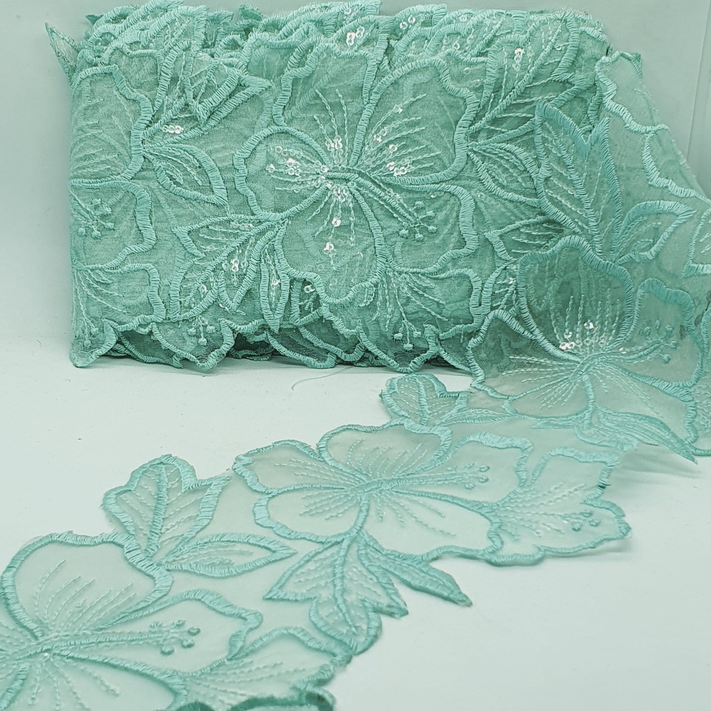 1m 14cm mint green embroidered net floral lace with transparent sequins