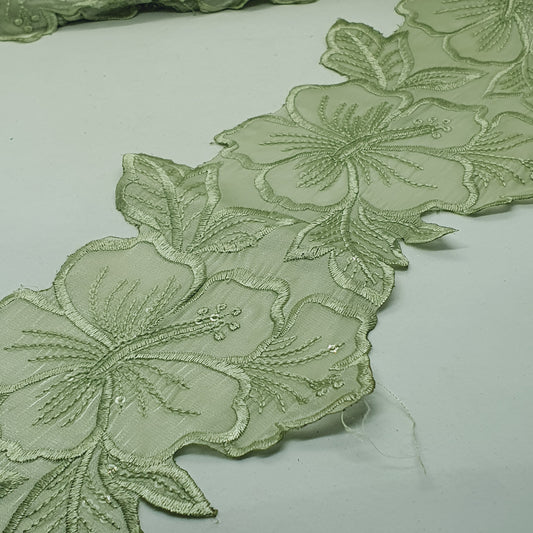 1m 14cm sage green embroidered net floral lace with transparent sequins