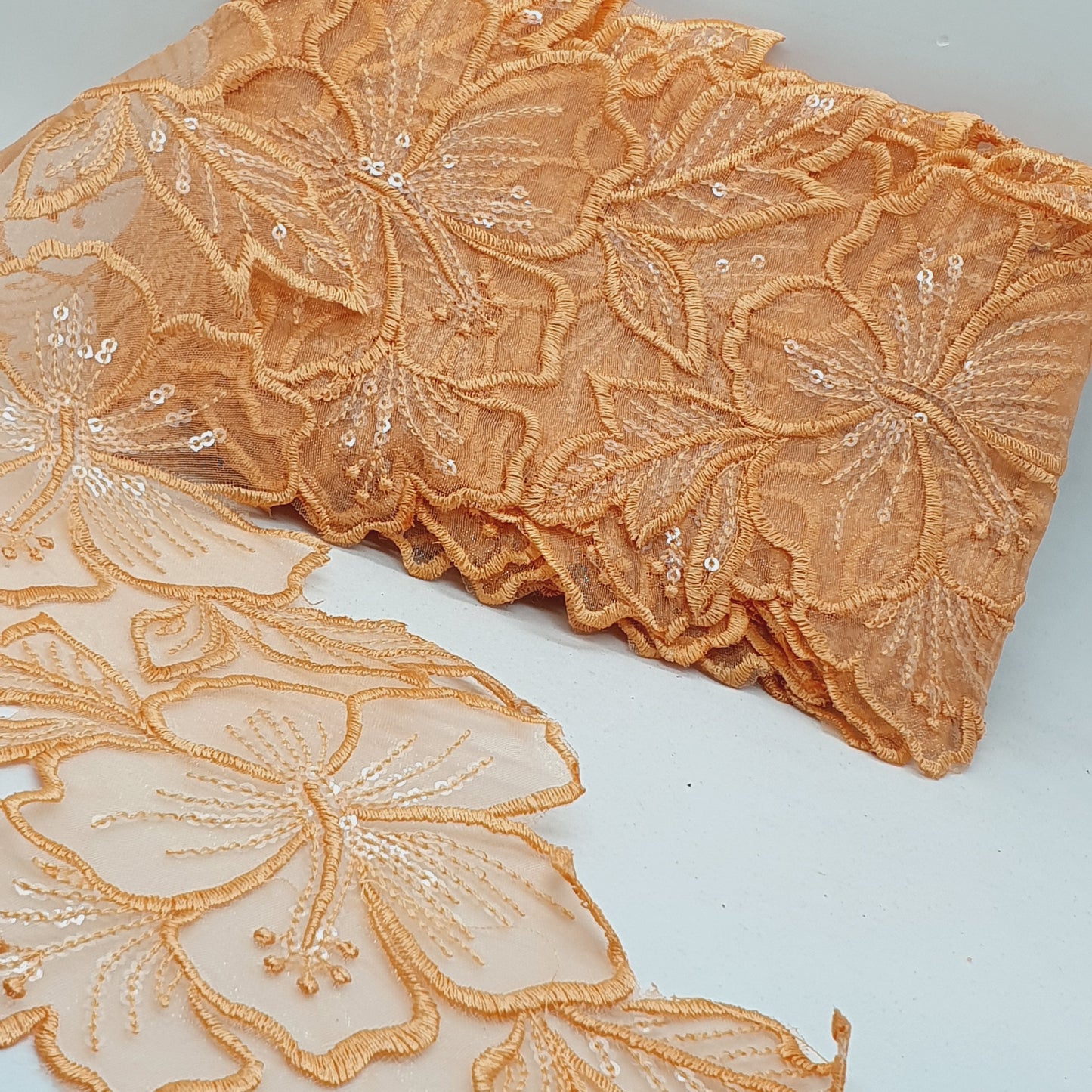 1m 14cm orange embroidered net floral lace with transparent sequins