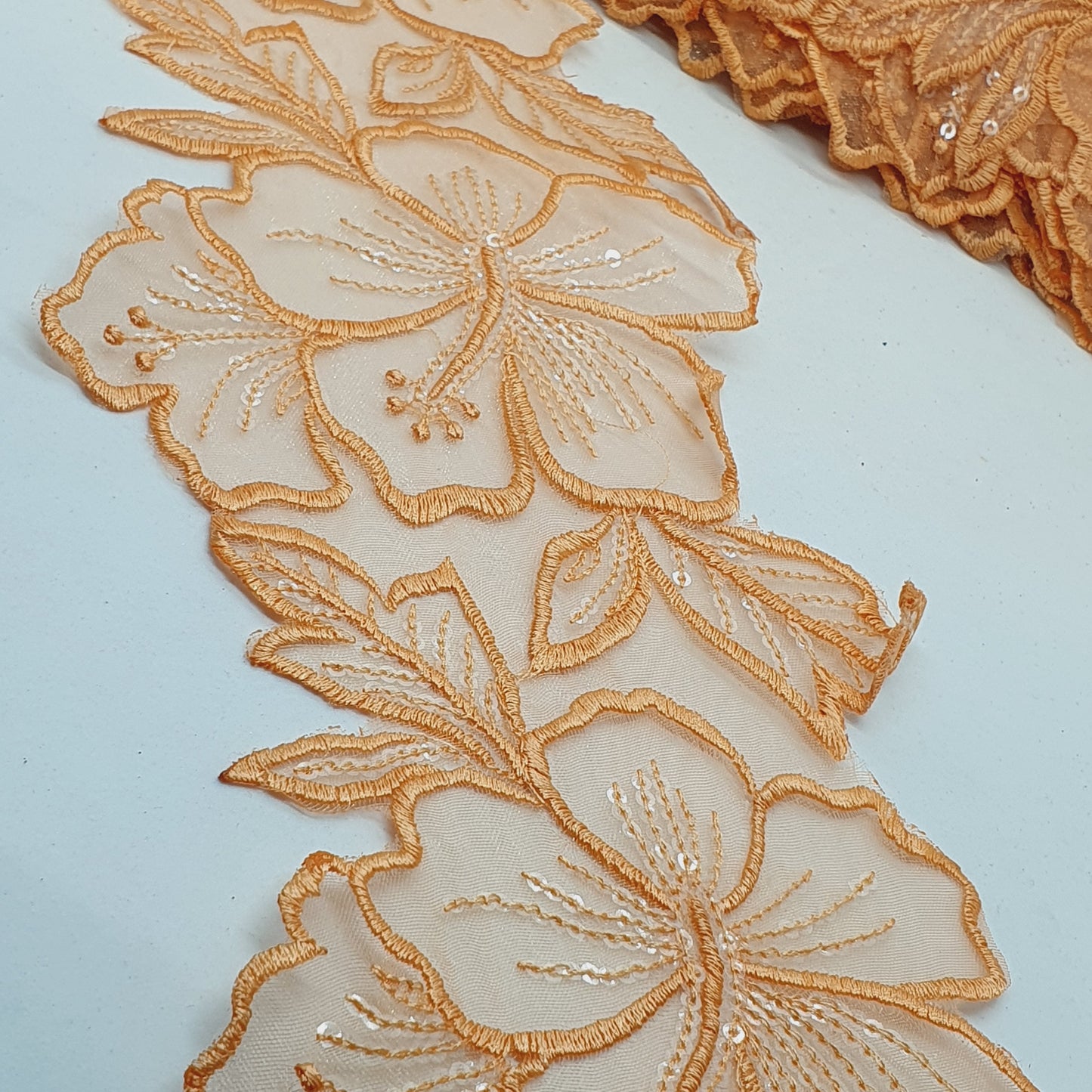 1m 14cm orange embroidered net floral lace with transparent sequins