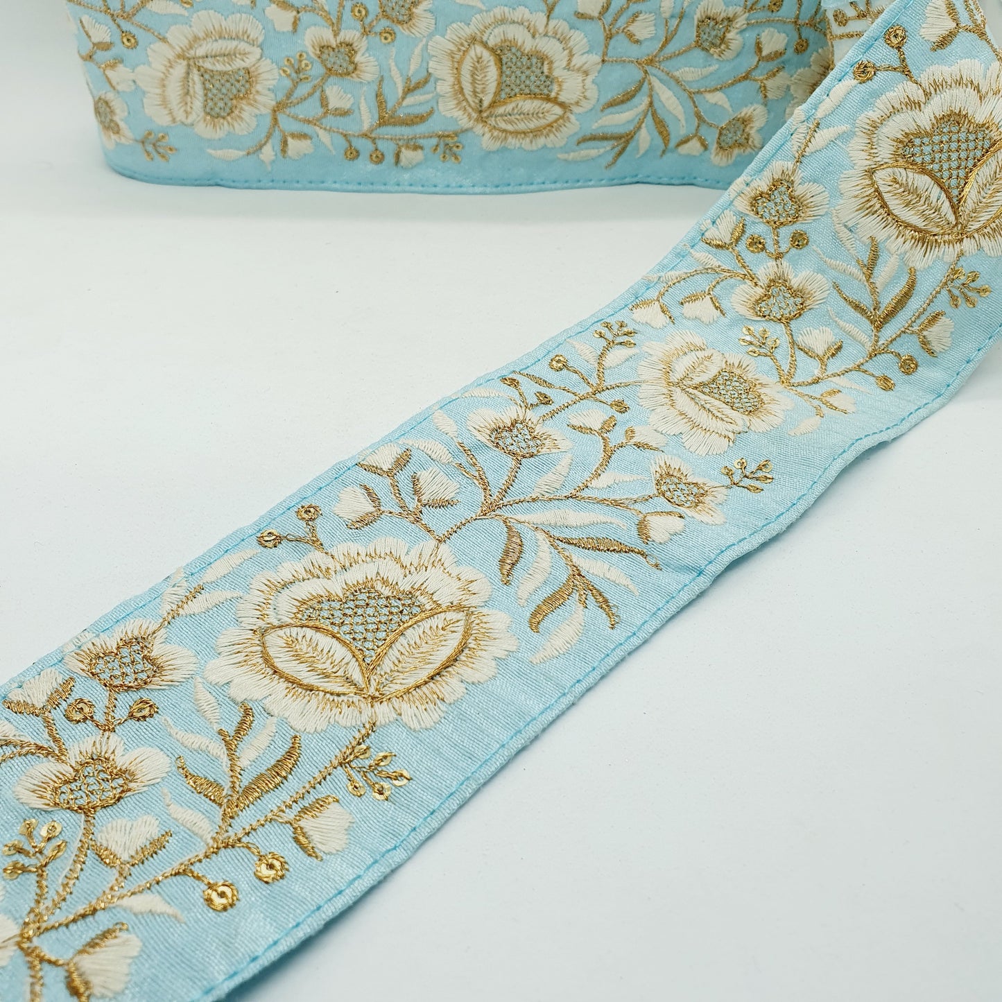 1m 7.5cm sky blue, cream, deep gold flower indian embroidered saree border ribbon