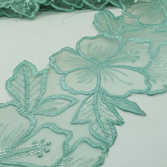 1m 14cm mint green embroidered net floral lace with transparent sequins