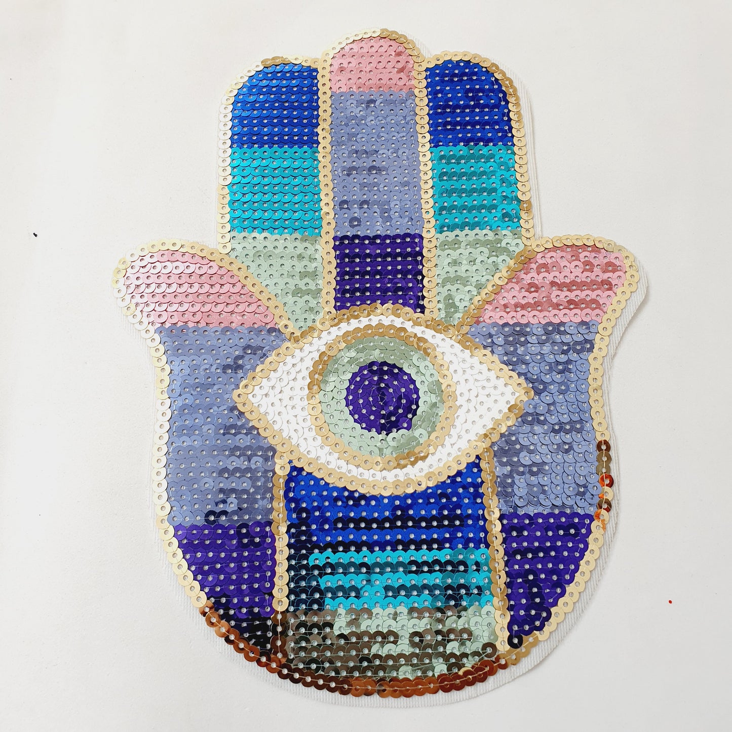 1x Turkish evil eye Hand of Fatima sequin applique HOT-FIX 25cm pastel multi