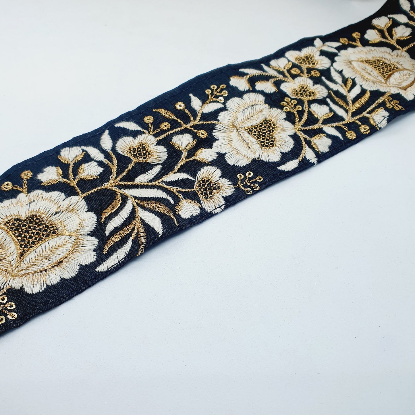1m 7.5cm black cream deep gold flower indian embroidered saree border ribbon