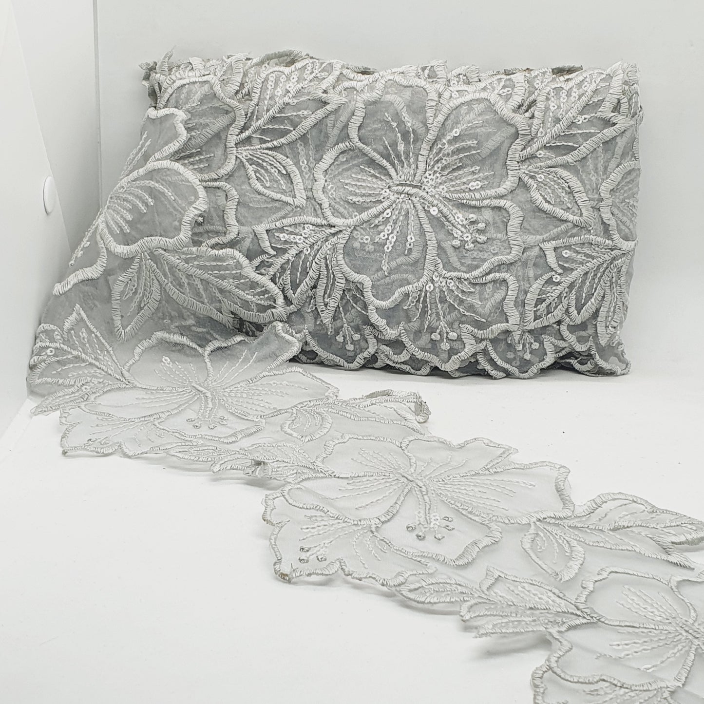 1m 14cm grey embroidered net floral lace with transparent sequins