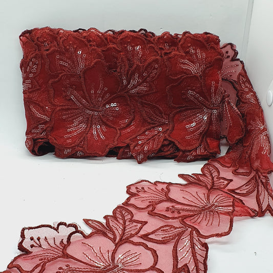 1m 14cm burgundy maroon embroidered net floral lace with transparent sequins