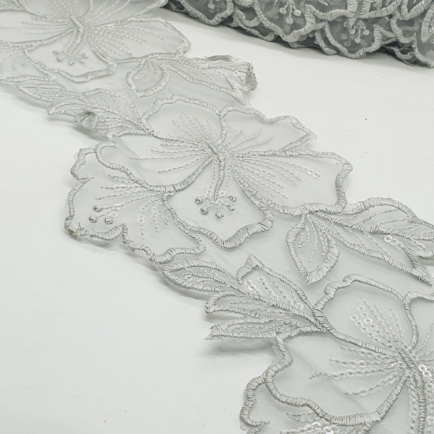 1m 14cm grey embroidered net floral lace with transparent sequins