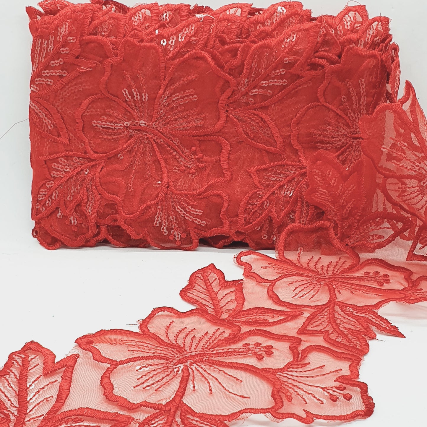 1m 14cm red embroidered net floral lace with transparent sequins