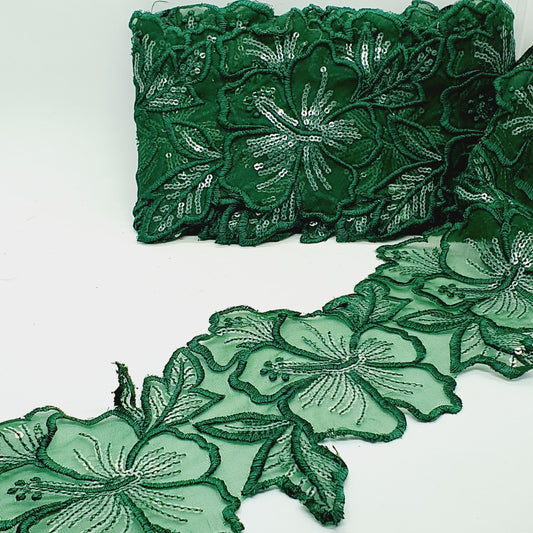 1m 14cm dark green embroidered net floral lace with transparent sequins