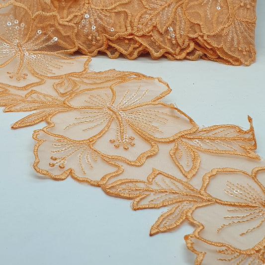 1m 14cm orange embroidered net floral lace with transparent sequins