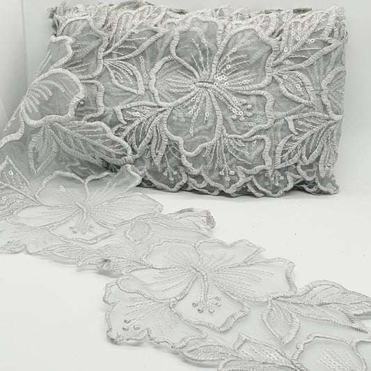 1m 14cm grey embroidered net floral lace with transparent sequins