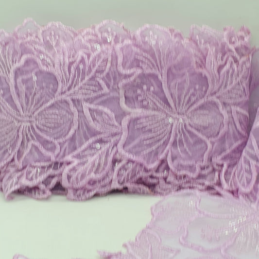 1m 14cm lilac embroidered net floral lace with transparent sequins