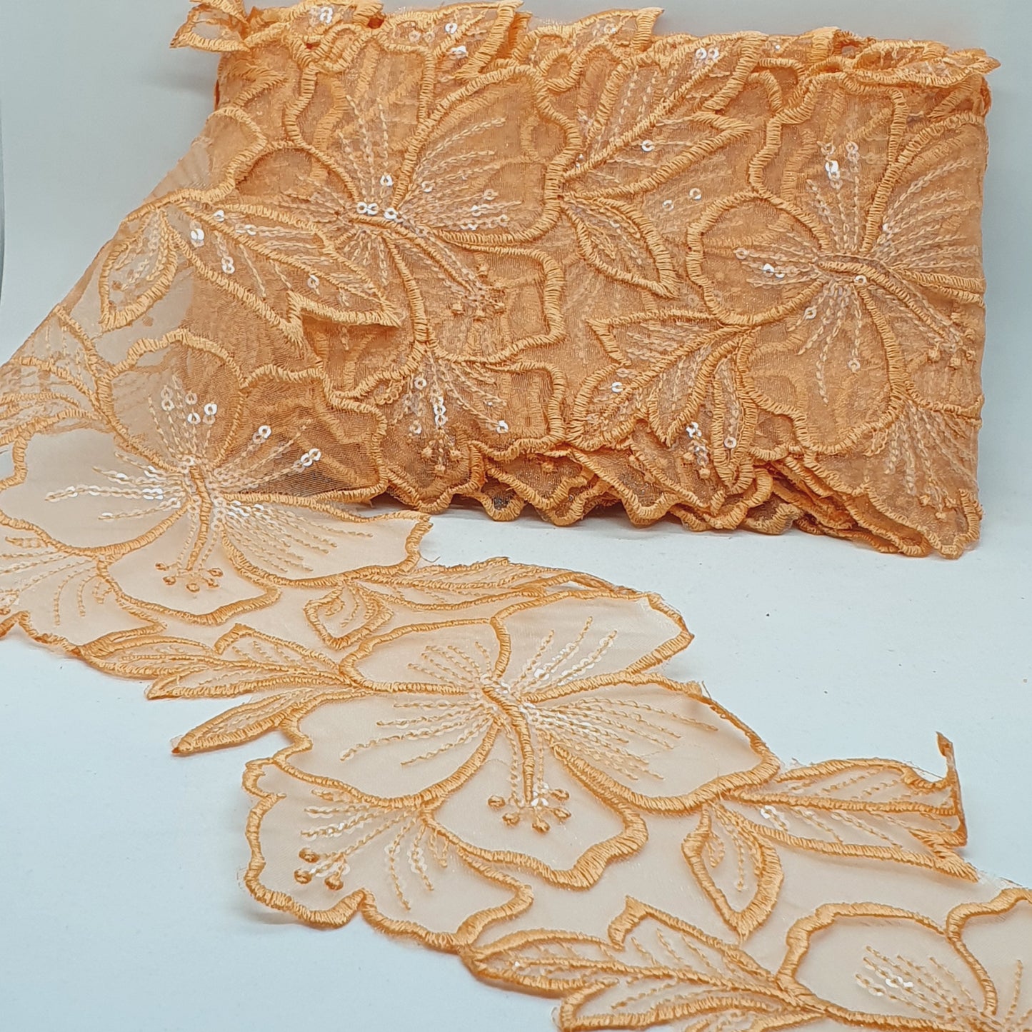 1m 14cm orange embroidered net floral lace with transparent sequins