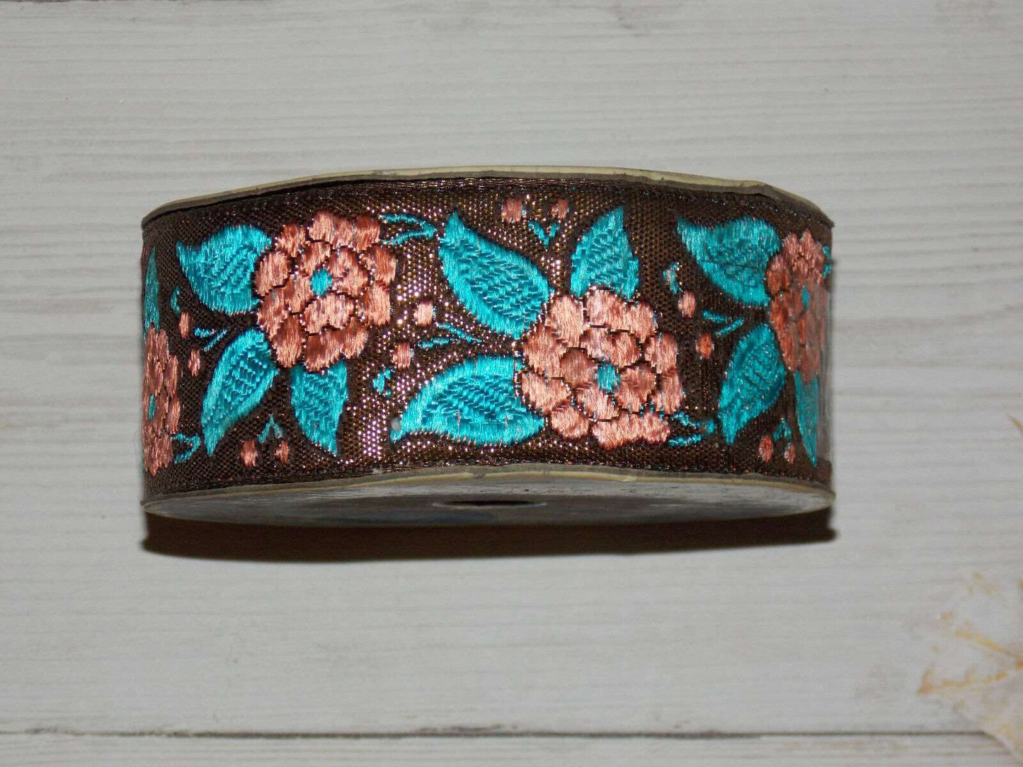 1m 40mm metallic gold/ bronze & blue & coral flower embroidered ribbon