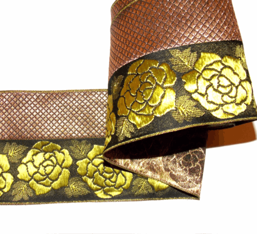 1m 100mm lime & gold flower jacquard embroidered ribbon