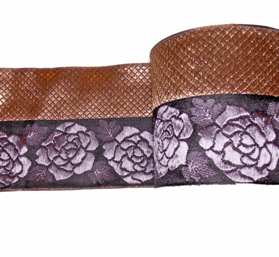 1m 100mm mauve & gold flower jacquard embroidered ribbon